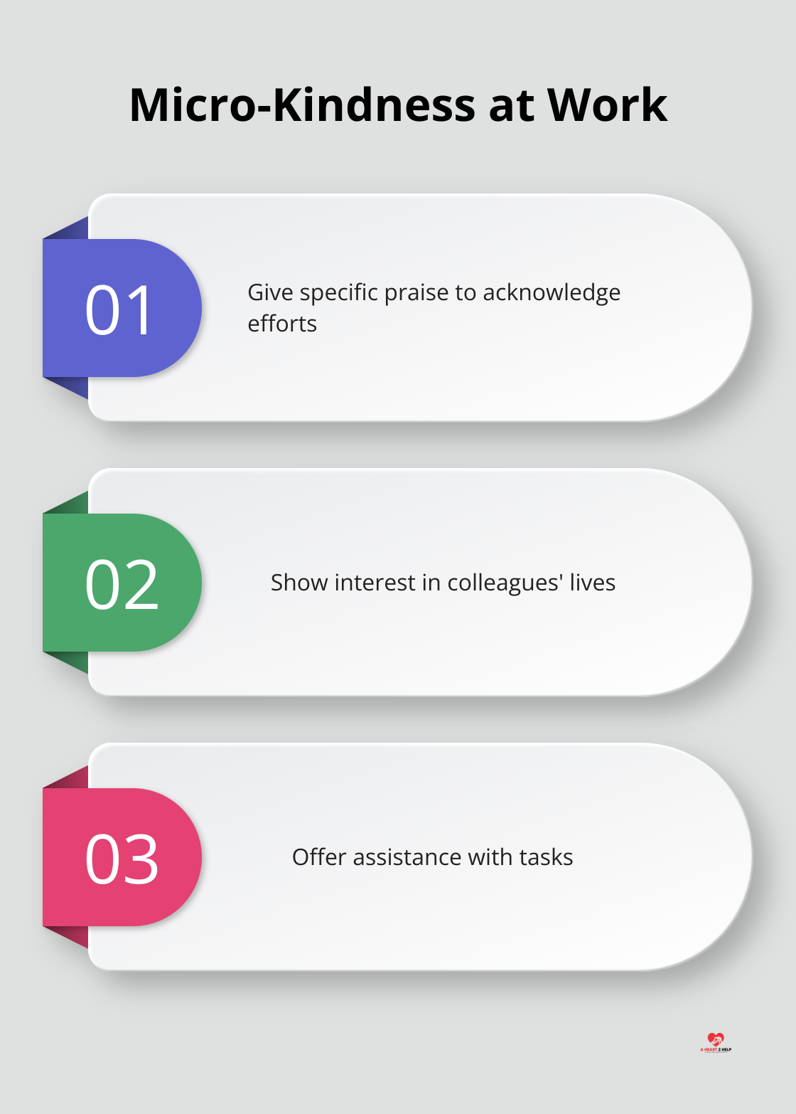 Chart illustrating three ways to practice micro-kindness at work: give specific praise, show interest in colleagues, and offer assistance