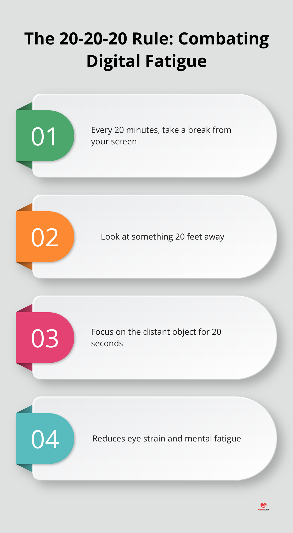 Chart explaining the 20-20-20 rule for reducing eye strain and mental fatigue: Every 20 minutes, look at something 20 feet away for 20 seconds - virtual compassion